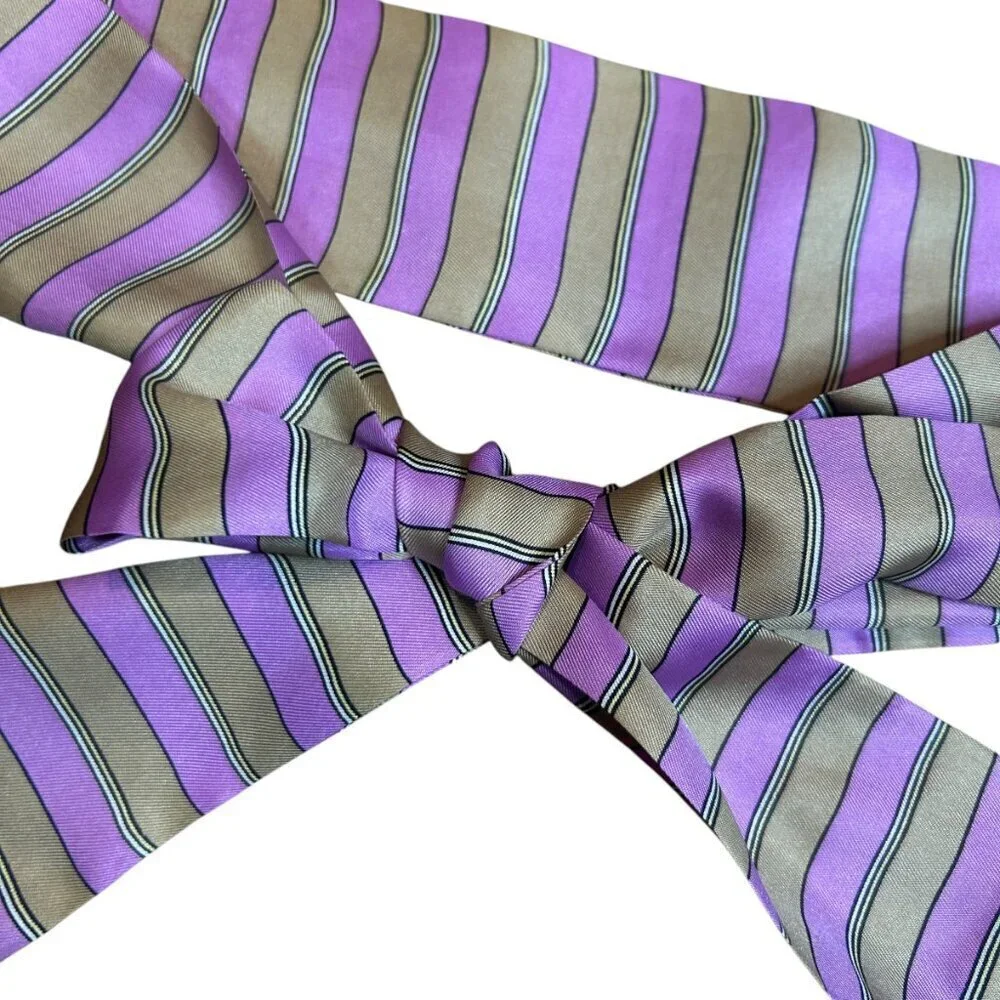 Symphony Scarfs Lilac Purple and Tan Vintage Striped 100% Silk Bow Tie